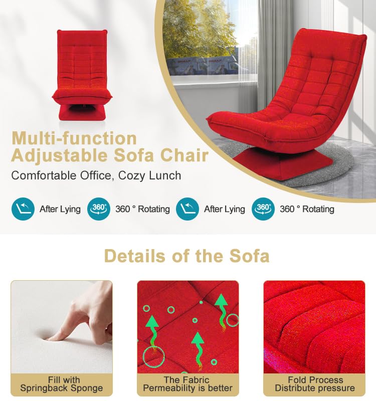 HYGRAD BUILT TO SURVIVE Swivel Armchair Chair, 5-Fold Adjustable Lazy High Lounge, Folding Swing Chair 360-Degree Rotatable With Adjustable Backrest, For Home & Living Room (Red)