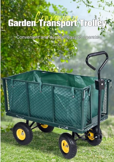 Heavy Duty Steel Garden Trolley On Wheels -Trailer 550kg Capacity, Large Folding Utility Wagon 180ยฐ Rotatable Handle, Removable Sides With Cart Liner For Camping, Beach Cart