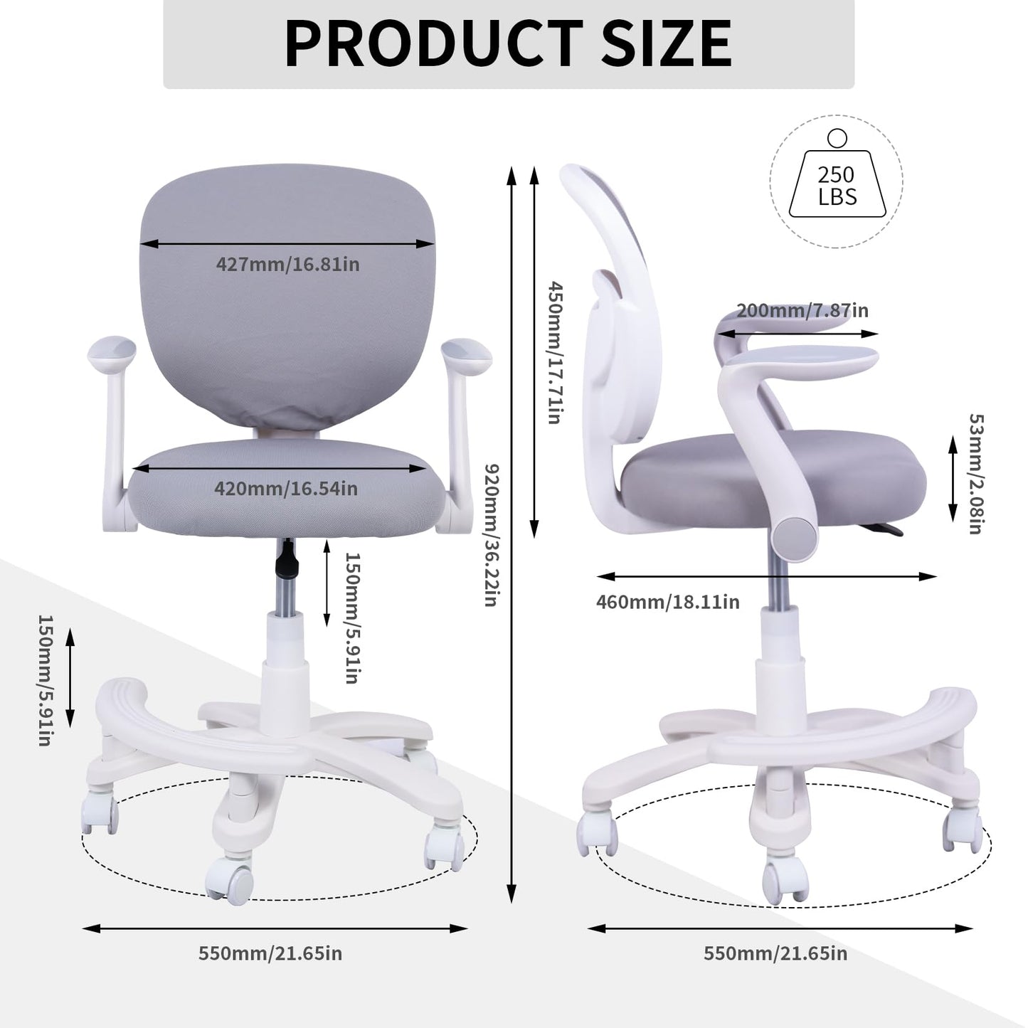 HYGRAD BUILT TO SURVIVE Swivel Chair Ergonomic Rolling Adjustable Kids Children Teens 360 Swivel Revolving Chair With Armrest & Foot Rest In Colours (Grey)