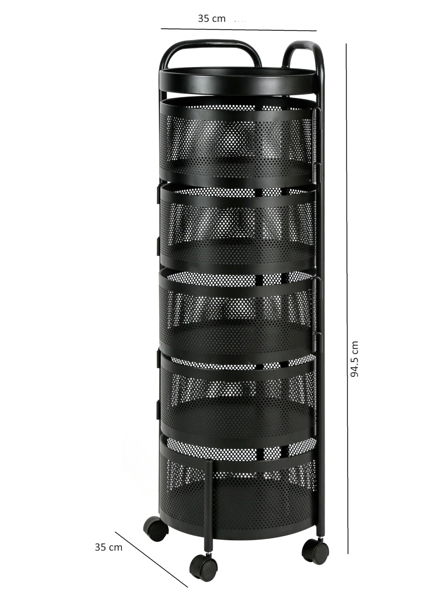 HYGRAD BUILT TO SURVIVE Black Metal Mesh Round Multi-Tier Portable Floor Standing Rotating Kitchen Cart Trolley Organiser Fruit Basket With Wheels (5 Tier)