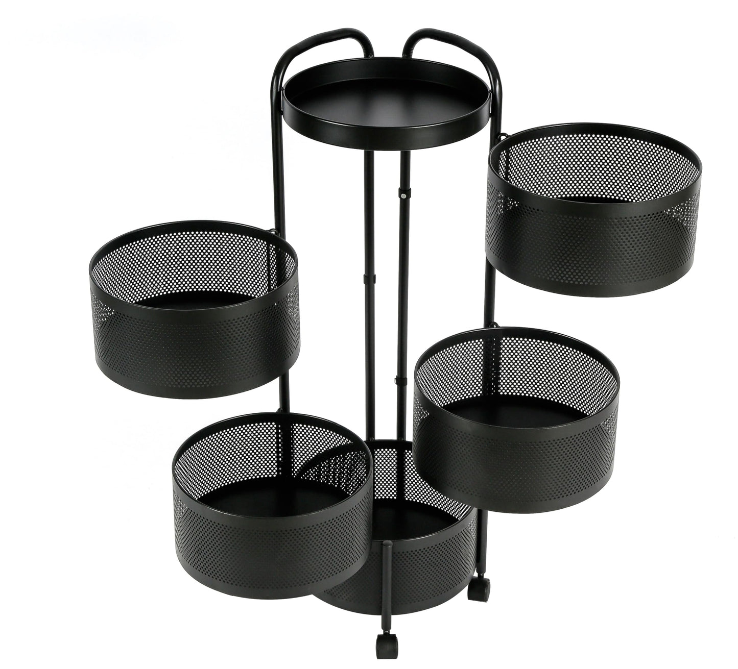 HYGRAD BUILT TO SURVIVE Black Metal Mesh Round Multi-Tier Portable Floor Standing Rotating Kitchen Cart Trolley Organiser Fruit Basket With Wheels (5 Tier)