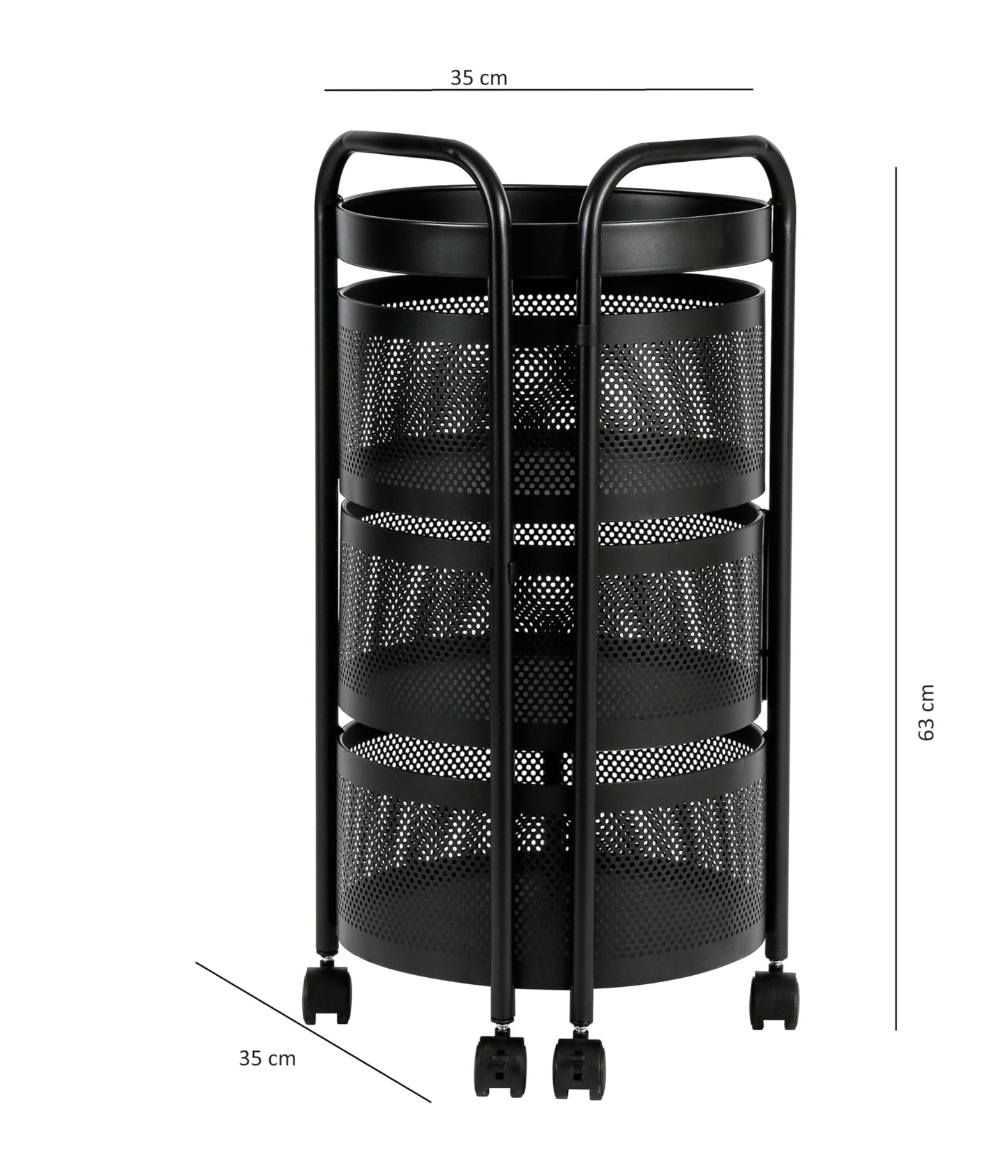 HYGRAD BUILT TO SURVIVE Black Metal Mesh Round Multi-Tier Portable Floor Standing Rotating Kitchen Cart Trolley Organiser Fruit Basket With Wheels (3 Tier)