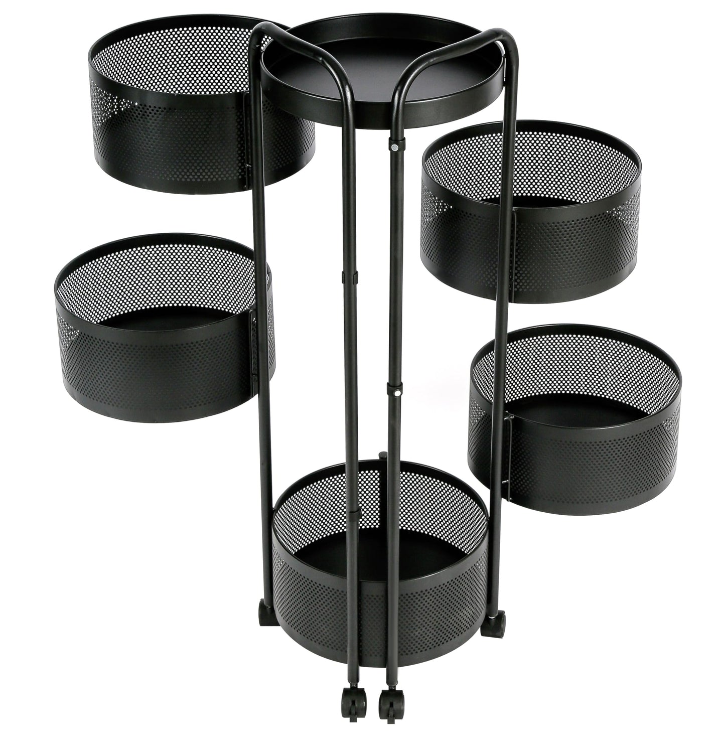 HYGRAD BUILT TO SURVIVE Black Metal Mesh Round Multi-Tier Portable Floor Standing Rotating Kitchen Cart Trolley Organiser Fruit Basket With Wheels (5 Tier)