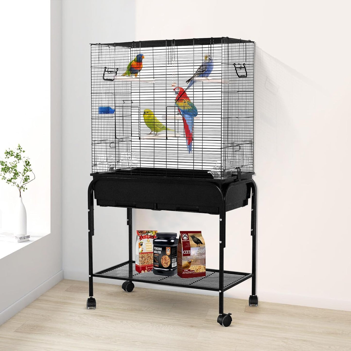 Large Wide Bird Cage Budgie Cage with Stand & Storage Parrot Cage Black Iron Flight Cage for Small lovebird/Cockatiel/Parakeet/Conure/Finch/Budgie/Canary 130cm High with Stand