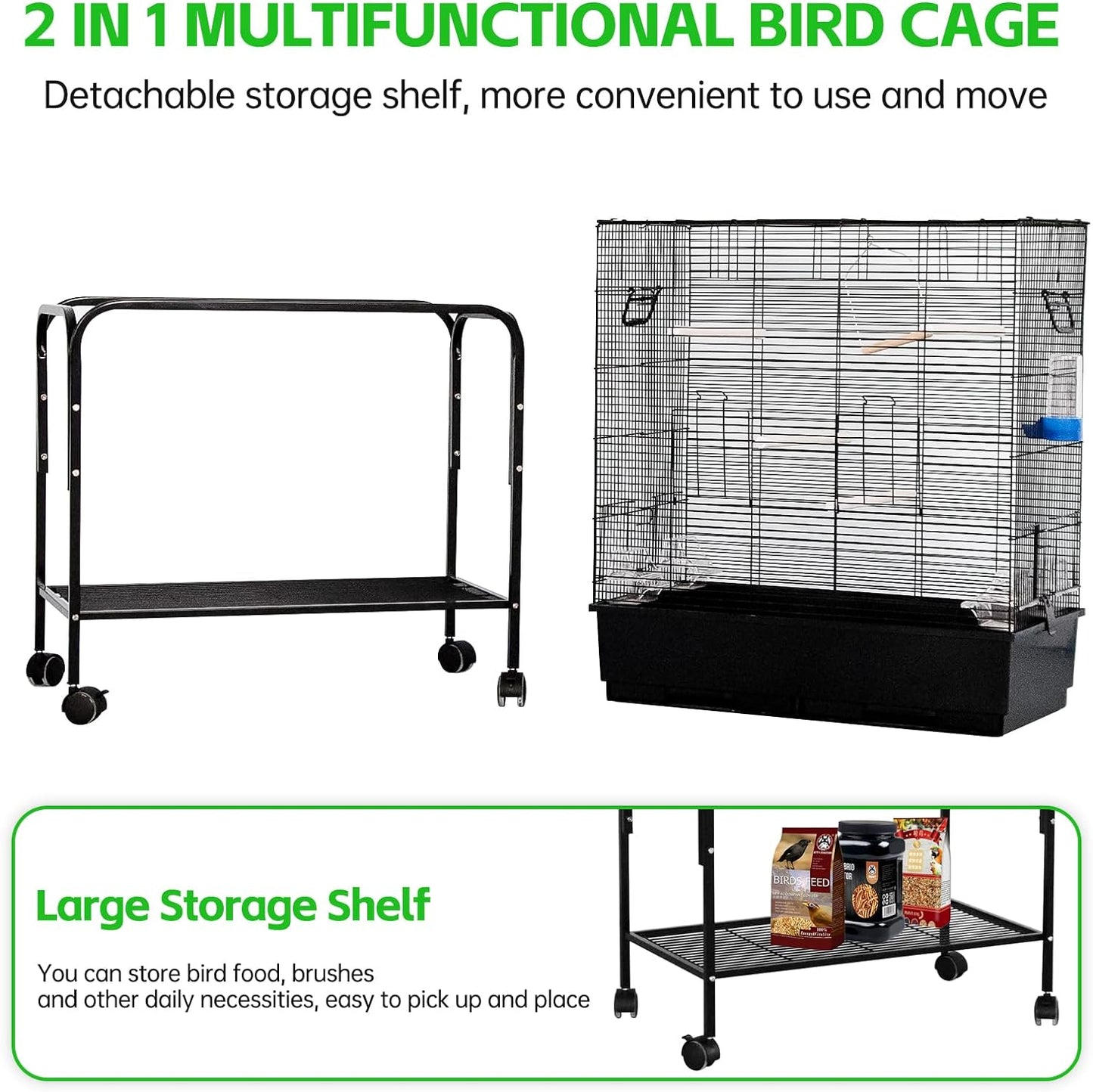 Large Wide Bird Cage Budgie Cage with Stand & Storage Parrot Cage Black Iron Flight Cage for Small lovebird/Cockatiel/Parakeet/Conure/Finch/Budgie/Canary 130cm High with Stand