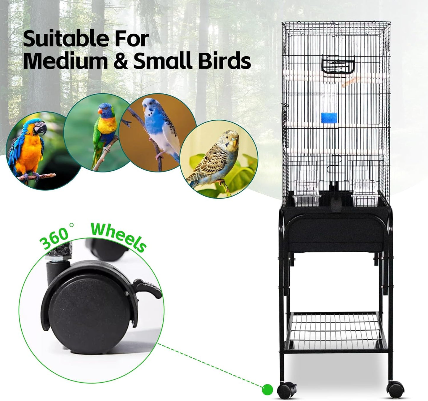 Large Wide Bird Cage Budgie Cage with Stand & Storage Parrot Cage Black Iron Flight Cage for Small lovebird/Cockatiel/Parakeet/Conure/Finch/Budgie/Canary 130cm High with Stand