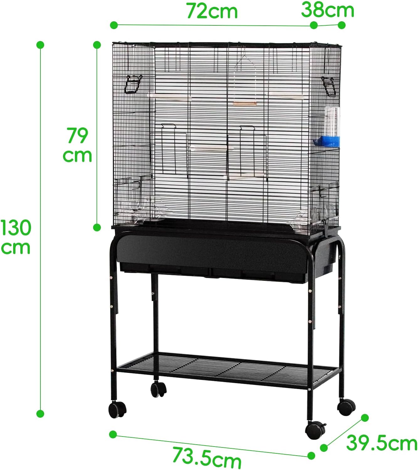 Large Wide Bird Cage Budgie Cage with Stand & Storage Parrot Cage Black Iron Flight Cage for Small lovebird/Cockatiel/Parakeet/Conure/Finch/Budgie/Canary 130cm High with Stand