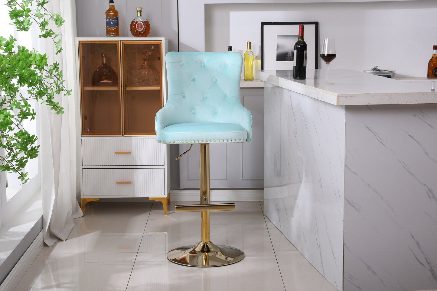 HYGRAD BUILT TO SURVIVE Velvet Upholstery 360 Degree Swivel Breakfast High Bar Home Kitchen Pub Stools Chair Seat With Gas Lift & Metal Base (1, Turquoise)