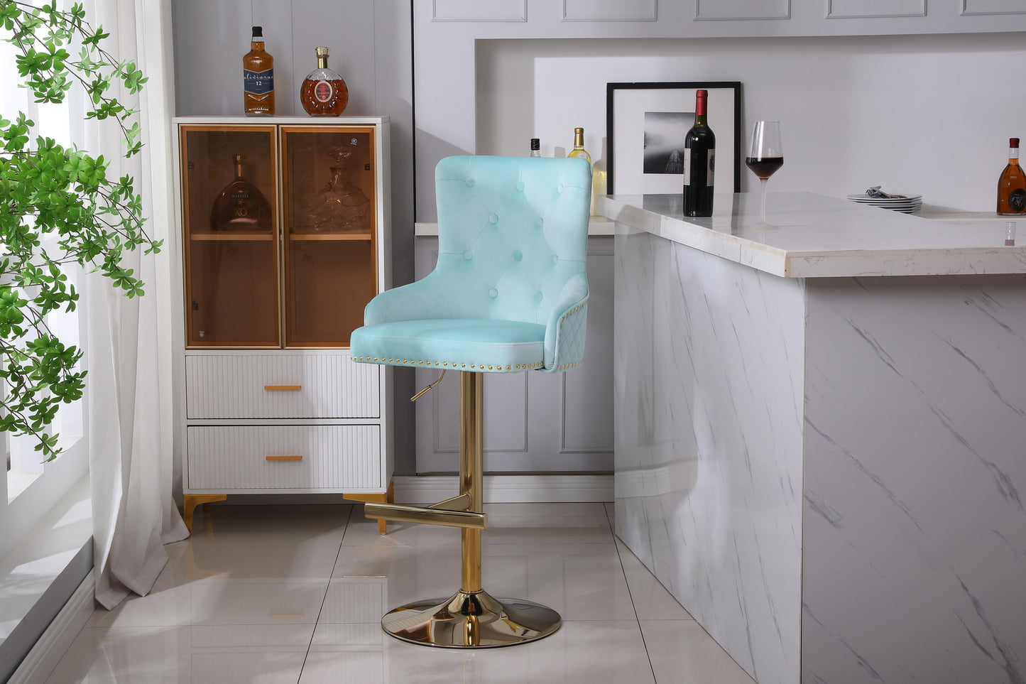 HYGRAD BUILT TO SURVIVE Velvet Upholstery 360 Degree Swivel Breakfast High Bar Home Kitchen Pub Stools Chair Seat With Gas Lift & Metal Base (1, Turquoise)