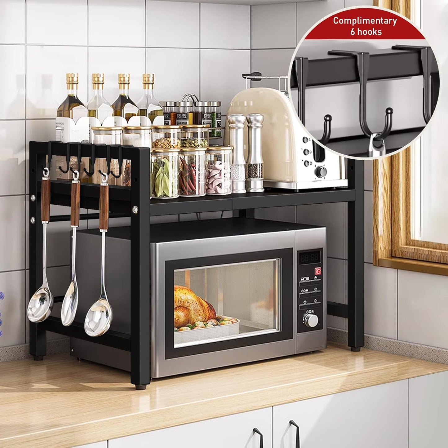 2 Tier Over Microwave Oven Shelf Storage Solution Organiser Stand Utensil Holder in Black