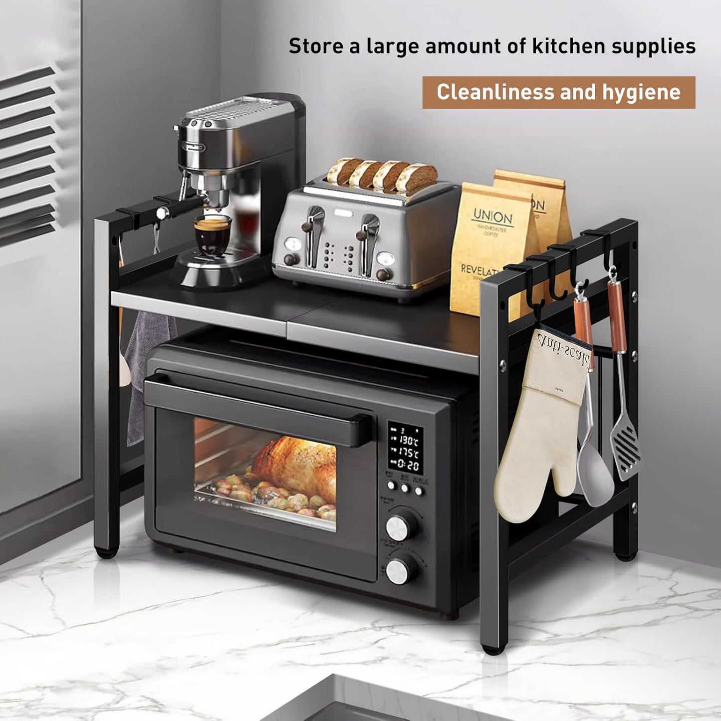 2 Tier Over Microwave Oven Shelf Storage Solution Organiser Stand Utensil Holder in Black
