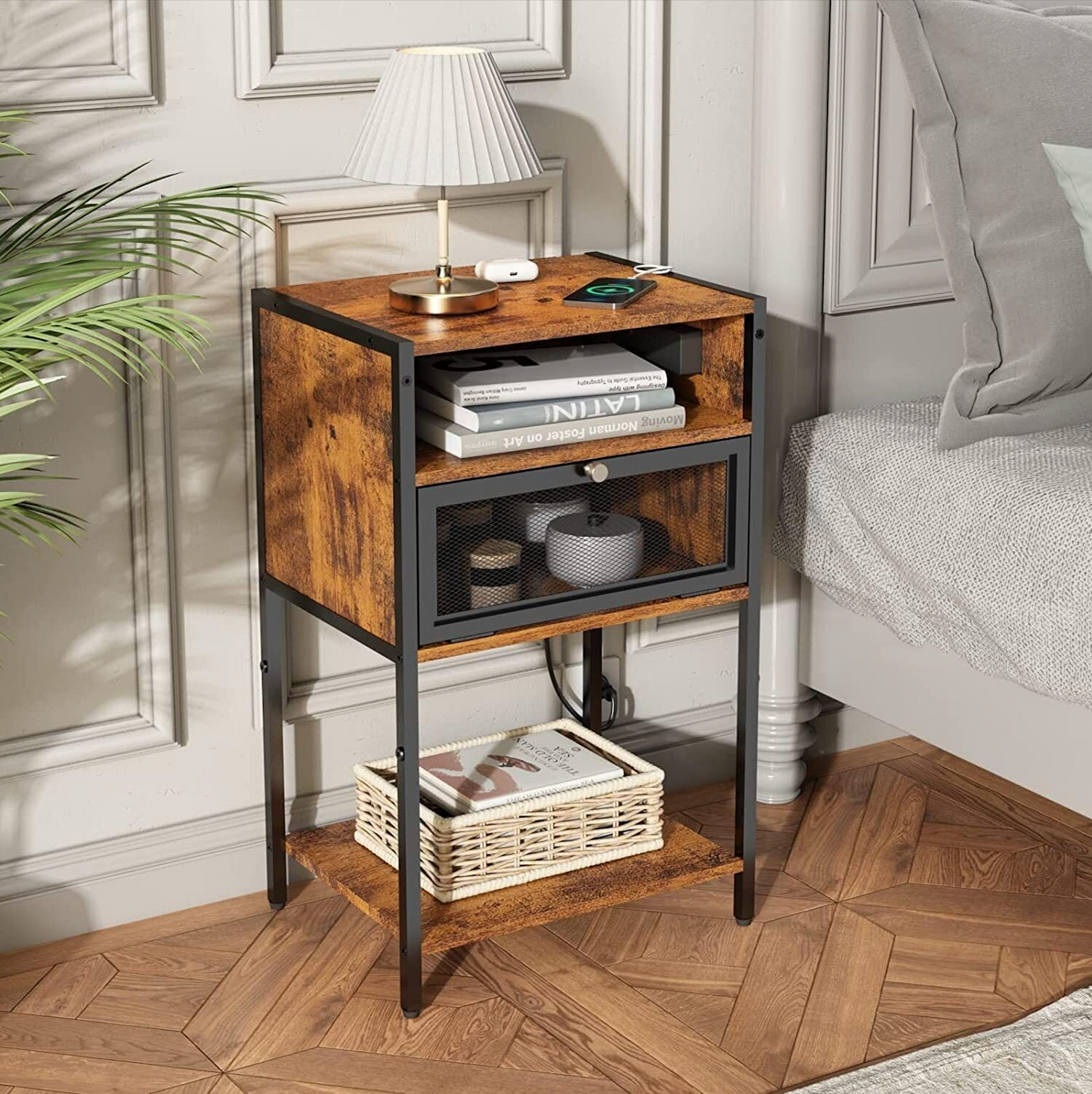 HYGRAD BUILT TO SURVIVE 3 Tier Industrial Look Wooden Nightstand Bedside Table With Drawer Storage & Charging Station UK Outlets USB Ports