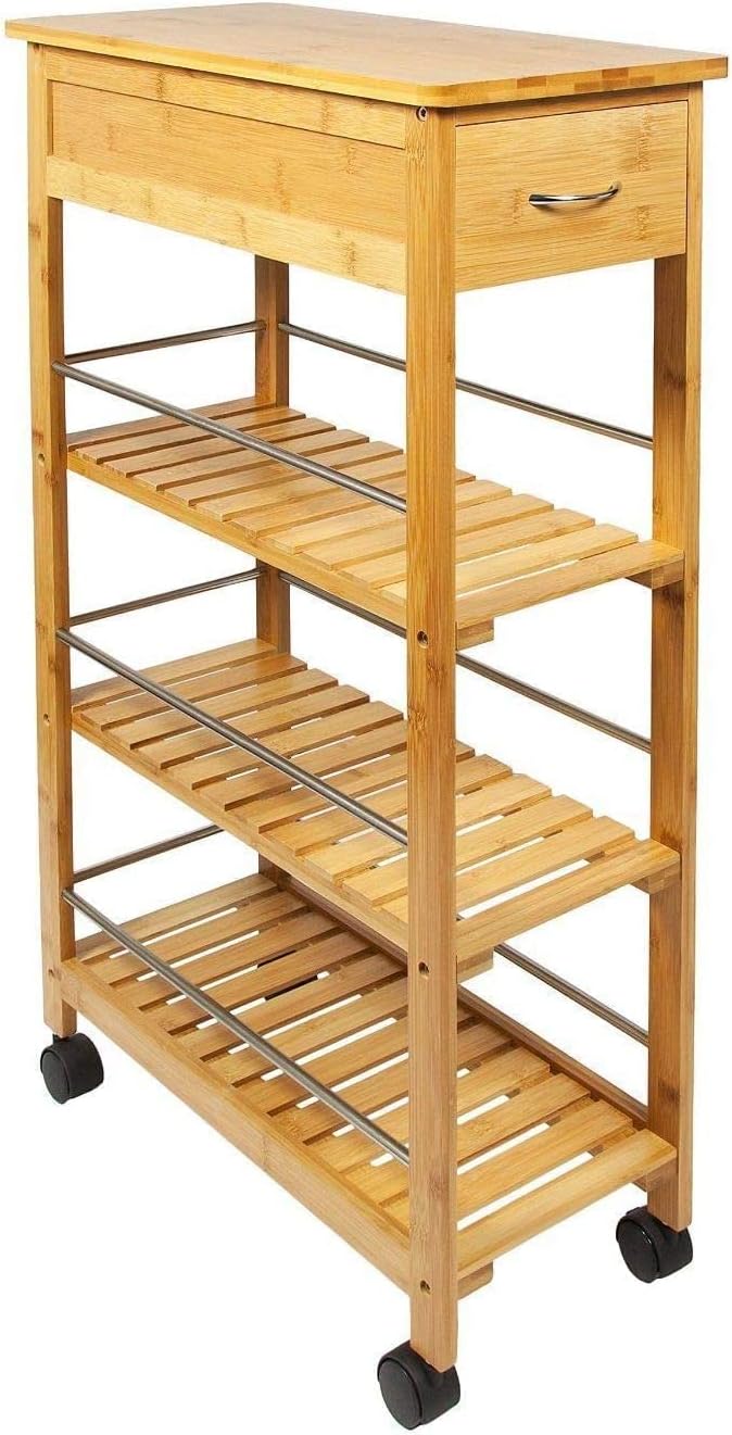 4 Tier Slim Portable Natural Bamboo Space Saver Wood Kitchen Trolley Drawer Organiser Cart Island Storage Basket Utility Organizer Rack, Slimline Bamboo Kitchen Islands Storage Trolley Cart