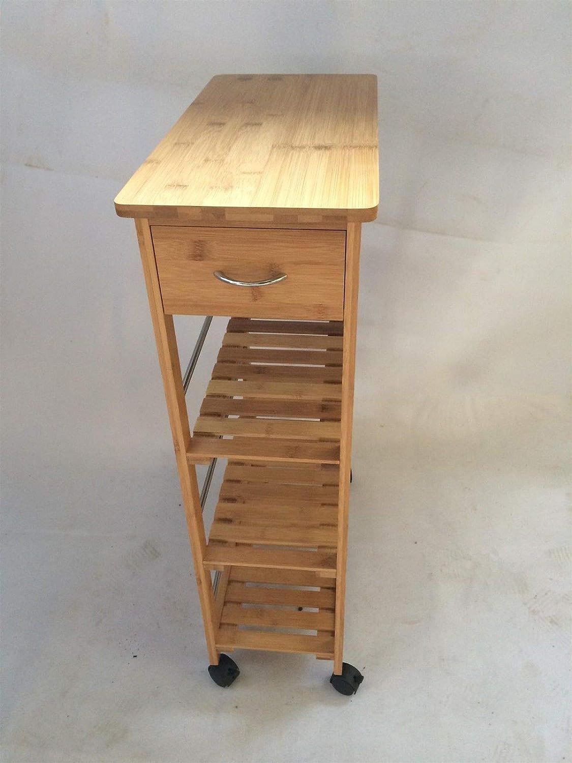 4 Tier Slim Portable Natural Bamboo Space Saver Wood Kitchen Trolley Drawer Organiser Cart Island Storage Basket Utility Organizer Rack, Slimline Bamboo Kitchen Islands Storage Trolley Cart