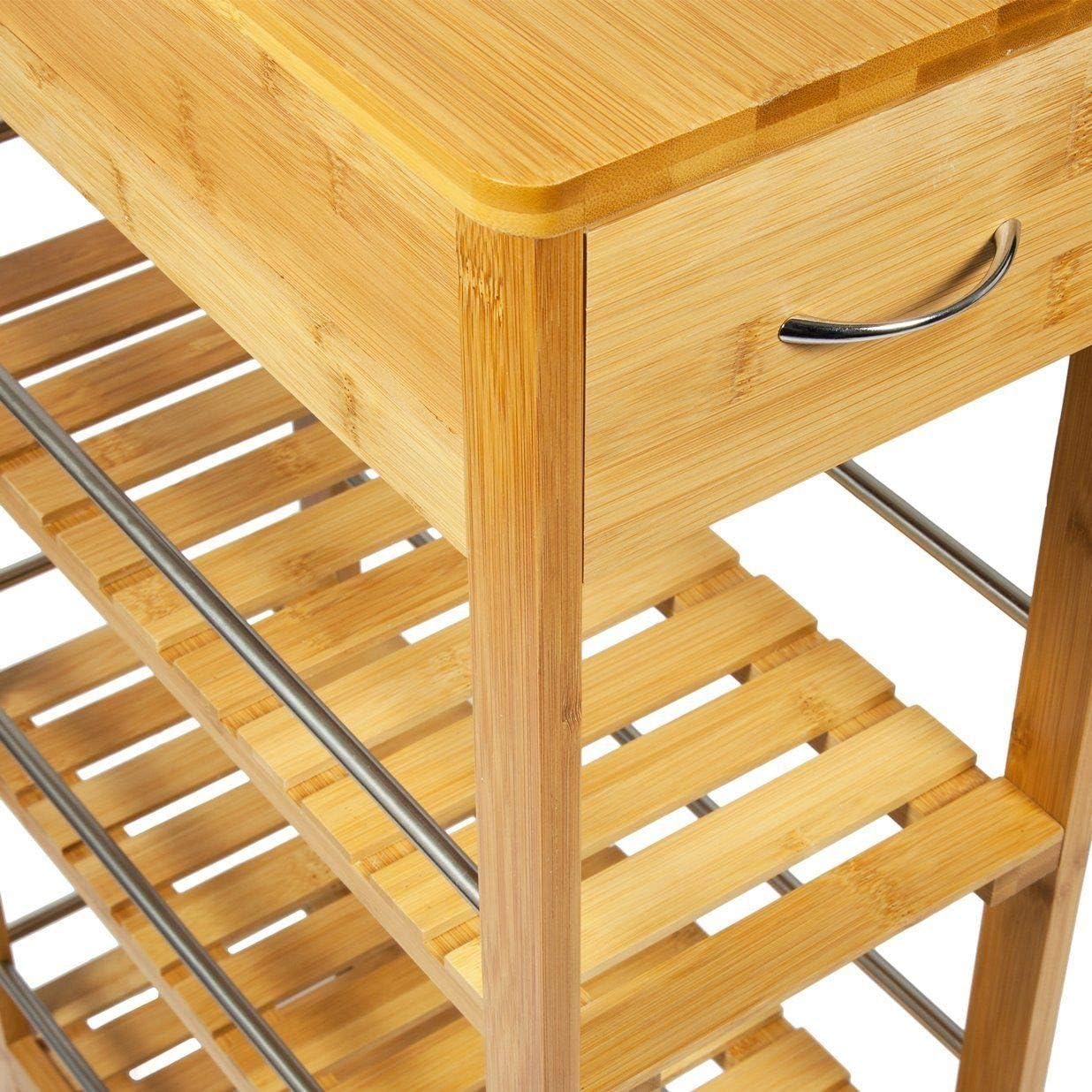 4 Tier Slim Portable Natural Bamboo Space Saver Wood Kitchen Trolley Drawer Organiser Cart Island Storage Basket Utility Organizer Rack, Slimline Bamboo Kitchen Islands Storage Trolley Cart