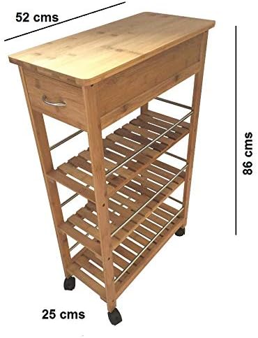 4 Tier Slim Portable Natural Bamboo Space Saver Wood Kitchen Trolley Drawer Organiser Cart Island Storage Basket Utility Organizer Rack, Slimline Bamboo Kitchen Islands Storage Trolley Cart