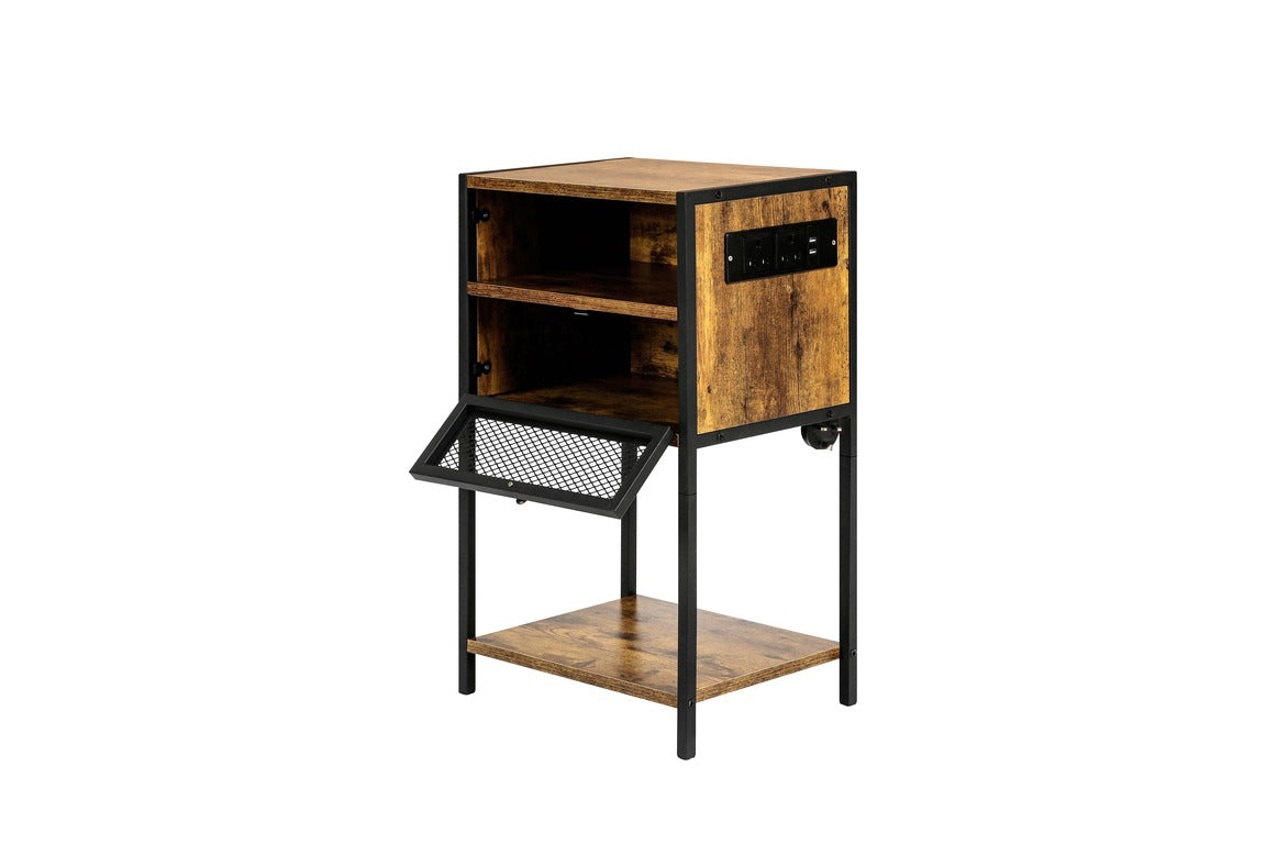 HYGRAD BUILT TO SURVIVE 3 Tier Industrial Look Wooden Nightstand Bedside Table With Drawer Storage & Charging Station UK Outlets USB Ports