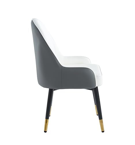 Accent Armchair, Fire Resistant PU Leather Dining Chairs Padded Seat With Mental Black Legs And Gold Horns, 2 Piece Set For Living Rooms, Dining Rooms, Bedrooms, Offices (WHITE/ GREY)