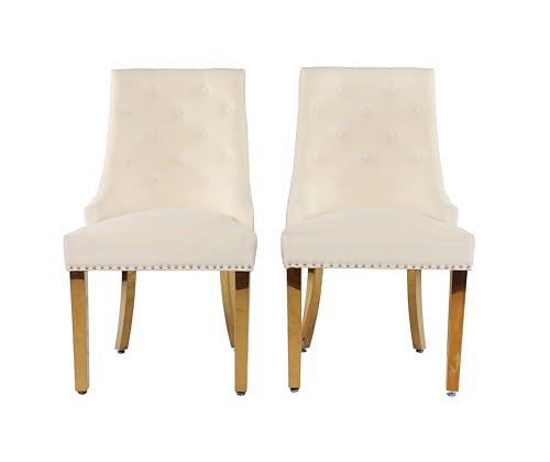 HYGRAD BUILT TO SURVIVE Velvet Upholstered Seat Luxury Dining Accent Chair With Gold Metal Legs Gold For Home Office Study Hallway (2, Cream)