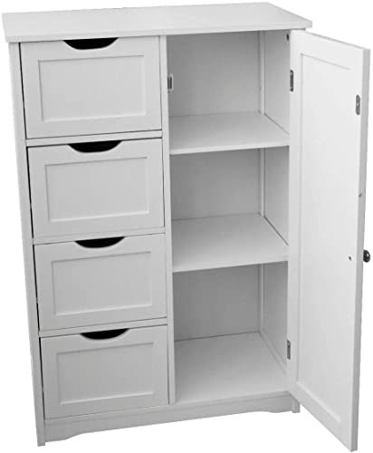 HYGRAD BUILT TO SURVIVE Bathroom Floor Cabinet Cupboard Free Standing Wooden Cabinet Storage Unit with 4 Drawers & 1 Door, Adjustable Shelf, White
