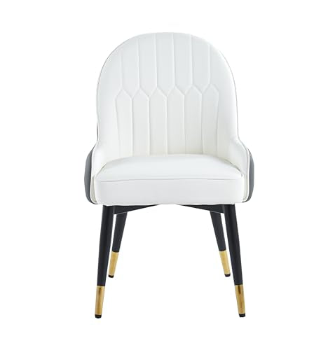 Accent Armchair, Fire Resistant PU Leather Dining Chairs Padded Seat With Mental Black Legs And Gold Horns, 2 Piece Set For Living Rooms, Dining Rooms, Bedrooms, Offices (WHITE/ GREY)