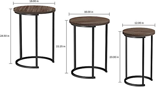 Set of 3 Round Vintage Wooden/Steel Nesting Side Coffee Tables Stacking Sofa Side Tables, Space Saving Coffee Tea Table for Hallway Living Room Bedroom Office Rustic Brown+Black, Round