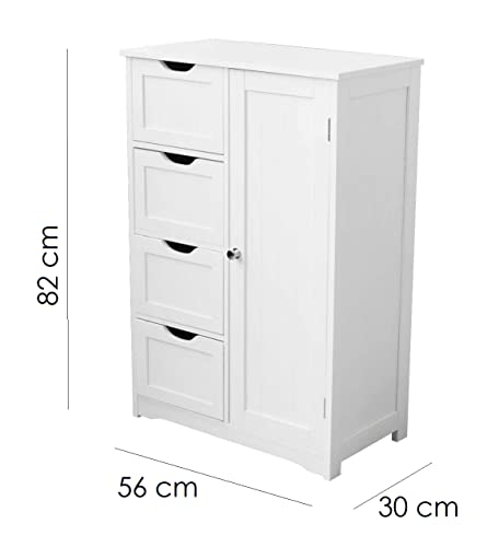 HYGRAD BUILT TO SURVIVE Bathroom Floor Cabinet Cupboard Free Standing Wooden Cabinet Storage Unit with 4 Drawers & 1 Door, Adjustable Shelf, White