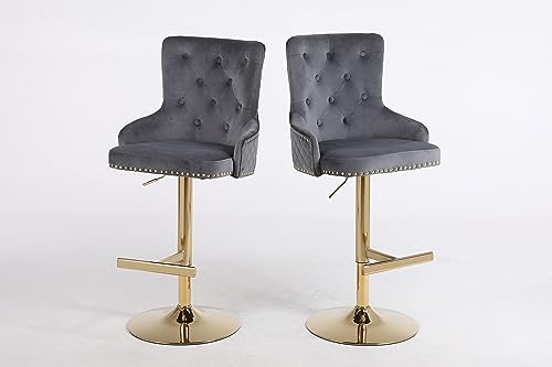 HYGRAD BUILT TO SURVIVE Velvet Upholstery 360 Degree Swivel Breakfast High Bar Home Kitchen Pub Stools Chair Seat With Gas Lift & Metal Base (2, Grey)
