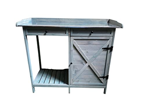 Potting Bench Table Wooden Planting Bench Table with Cabinet and Drawers Metal Surface Work Station Bench with Hooks and Shelf Wood