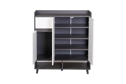 HYGRAD BUILT TO SURVIVE Wooden Shoe Cabinet with 3 Doors 5-Tier Shoe Storage Organiser with 1 Drawer and 1 Cabinet Shoe Cupboard for Hallway, 90cm Wide (White/Grey)