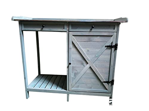 Potting Bench Table Wooden Planting Bench Table with Cabinet and Drawers Metal Surface Work Station Bench with Hooks and Shelf Wood
