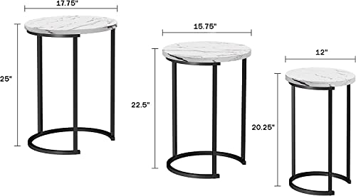 Set of 3 Round Vintage Wooden/Steel Nesting Side Coffee Tables Stacking Sofa Side, Space Saving Coffee Tea Table for Hallway Living Room Bedroom Office White Marble Look Large, Medium & Small (White)