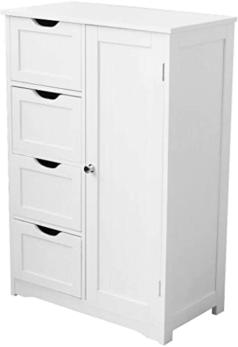 HYGRAD BUILT TO SURVIVE Bathroom Floor Cabinet Cupboard Free Standing Wooden Cabinet Storage Unit with 4 Drawers & 1 Door, Adjustable Shelf, White