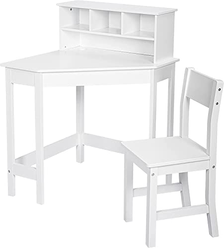 HYGRAD® White Study Table and 1 Chairs for Kids Unisex Xmas, Wooden Study Desk with Chair for Children, Writing Desk with Storage and Hutch Shelves for Home School with Tidy Shelf Organiser