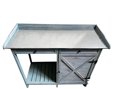 Potting Bench Table Wooden Planting Bench Table with Cabinet and Drawers Metal Surface Work Station Bench with Hooks and Shelf Wood
