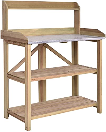 HYGRAD BUILT TO SURVIVE 3 Tier Wooden Potting Planting Outdoor Garden Work Bench Table Station Storage Shelf Tray Wood Garden Planting Work Station Bench with Hooks and Shelves for Patios/Courtyards,