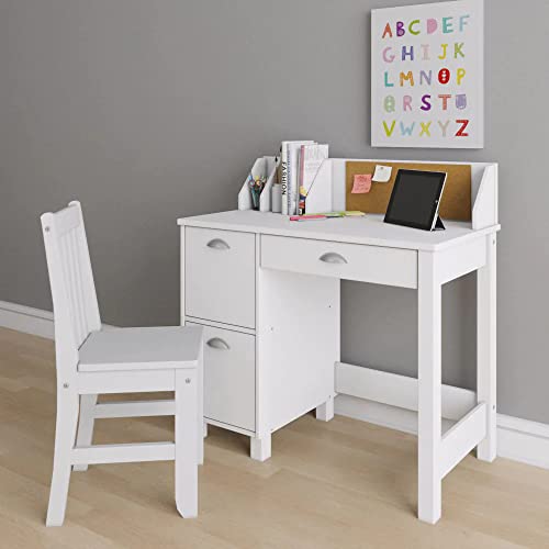 Wooden White Study Desk for Children with Chair, Bulletin Board and Drawers, Gift for Ages 5-14 Computer Desk Home School Student Study PC Writing Desks Table for Small Spaces Teen Work