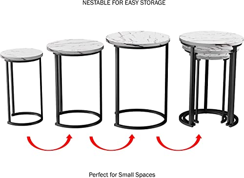 Set of 3 Round Vintage Wooden/Steel Nesting Side Coffee Tables Stacking Sofa Side, Space Saving Coffee Tea Table for Hallway Living Room Bedroom Office White Marble Look Large, Medium & Small (White)