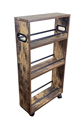 4 Tier Slim Storage Cart with Handle, Slide Out Storage Rolling Utility Cart Mobile Shelving Unit Organizer Trolley for Small Spaces Kitchen Laundry Narrow Places. Industrial Wooden Portable Organiser