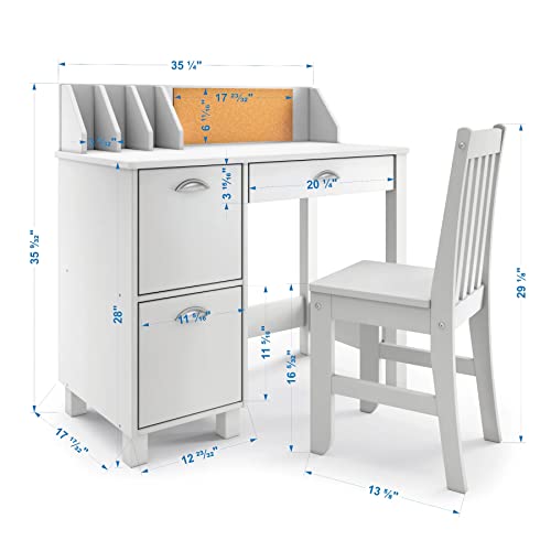 Wooden White Study Desk for Children with Chair, Bulletin Board and Drawers, Gift for Ages 5-14 Computer Desk Home School Student Study PC Writing Desks Table for Small Spaces Teen Work
