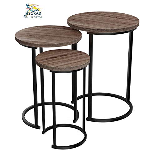 Set of 3 Round Vintage Wooden/Steel Nesting Side Coffee Tables Stacking Sofa Side Tables, Space Saving Coffee Tea Table for Hallway Living Room Bedroom Office Rustic Brown+Black, Round