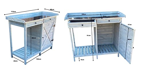 Potting Bench Table Wooden Planting Bench Table with Cabinet and Drawers Metal Surface Work Station Bench with Hooks and Shelf Wood