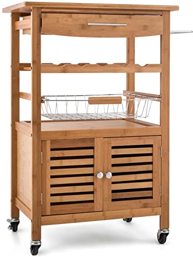 HYGRAD BUILT TO SURVIVE Bamboo Wood Rolling Kitchen Cart Trolley Dining Island Drawer Wine Rack Cabinet Storage Organiser Louisiana Kitchen Trolley Serving Rolling Cart with Numerous Storage Options
