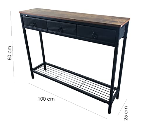 Console Table, Hallway Table, Slim Sofa Table with 3 Non-woven Drawers, Metal Mesh Frame, Sturdy, Narrow Side Table for Small Spaces, Entrance, Living Room, Industrial, Rustic Brown