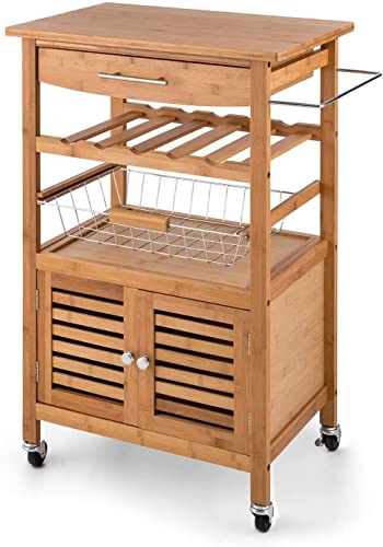 HYGRAD BUILT TO SURVIVE Bamboo Wood Rolling Kitchen Cart Trolley Dining Island Drawer Wine Rack Cabinet Storage Organiser Louisiana Kitchen Trolley Serving Rolling Cart with Numerous Storage Options