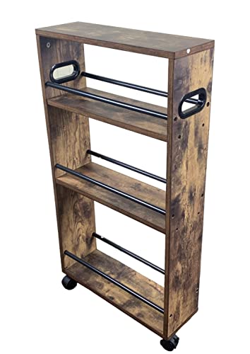 4 Tier Slim Storage Cart with Handle, Slide Out Storage Rolling Utility Cart Mobile Shelving Unit Organizer Trolley for Small Spaces Kitchen Laundry Narrow Places. Industrial Wooden Portable Organiser