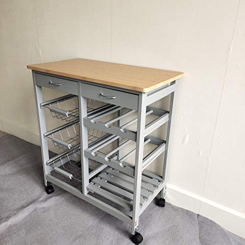 HYGRAD Kitchen Trolley MDF Top White Island Dining Cart Worktop Basket Storage Lockable Wheels Rolling Kitchen Portable Island Kitchen Trolley with Drawers and Open Shelf, Grey (Grey)