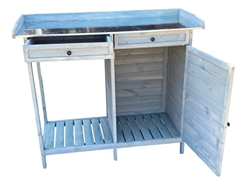 Potting Bench Table Wooden Planting Bench Table with Cabinet and Drawers Metal Surface Work Station Bench with Hooks and Shelf Wood