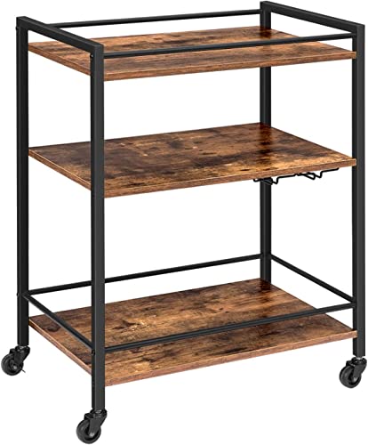 HYGRAD BUILT TO SURVIVE 3 Tier Rolling Industrial Design Rustic Look Wooden Kitchen Food Serving Cart Trolley With Wheels & Glass Hooks
