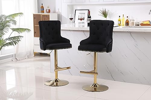 HYGRAD BUILT TO SURVIVE Velvet Upholstery 360 Degree Swivel Breakfast High Bar Home Kitchen Pub Stools Chair Seat With Gas Lift & Metal Base (2, Black)